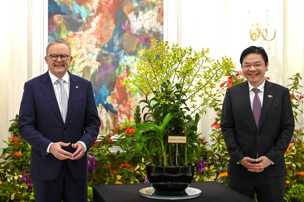 Two men in suits smile.