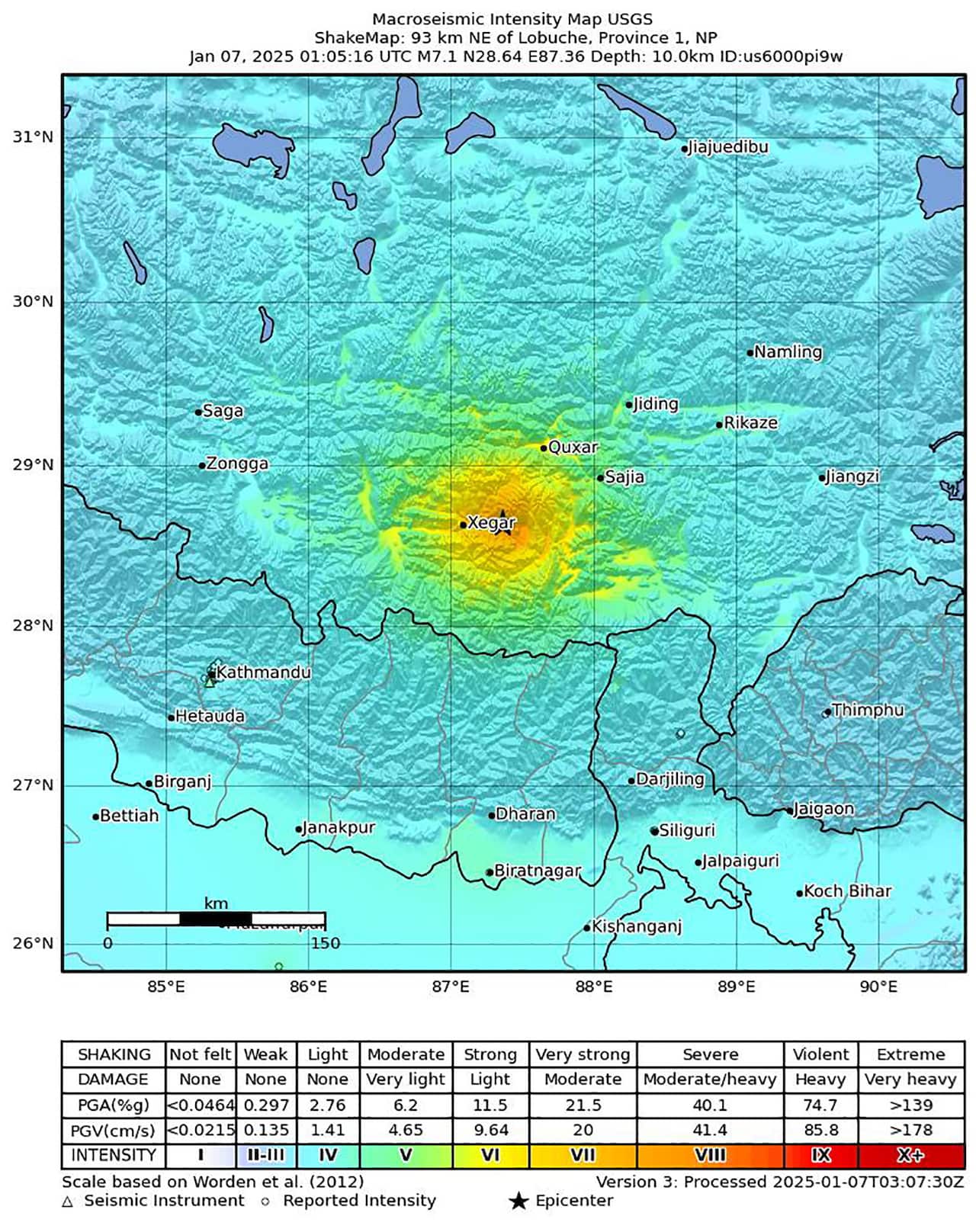 A map outlining a quake-hit area