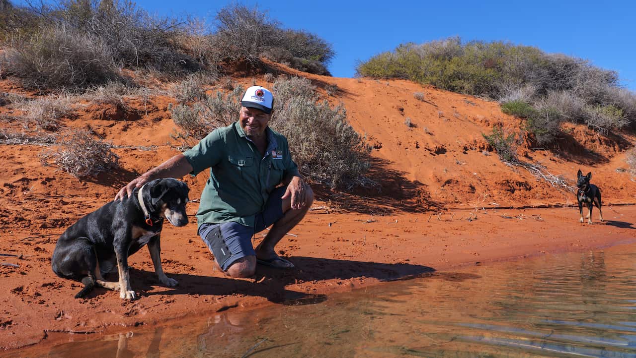 Darren 'Capes' Capewell, a middle-aged Malgana man wearing a dark green button-up shirt and navy pants, kneels on a red dust sandbank and pats a cattle dog.