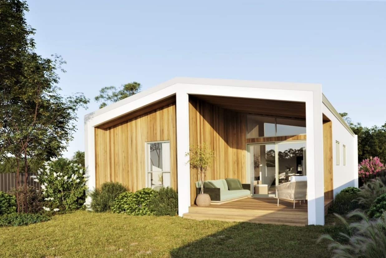 An artists impression of a timber tiny house with an open air deck in a green garden.