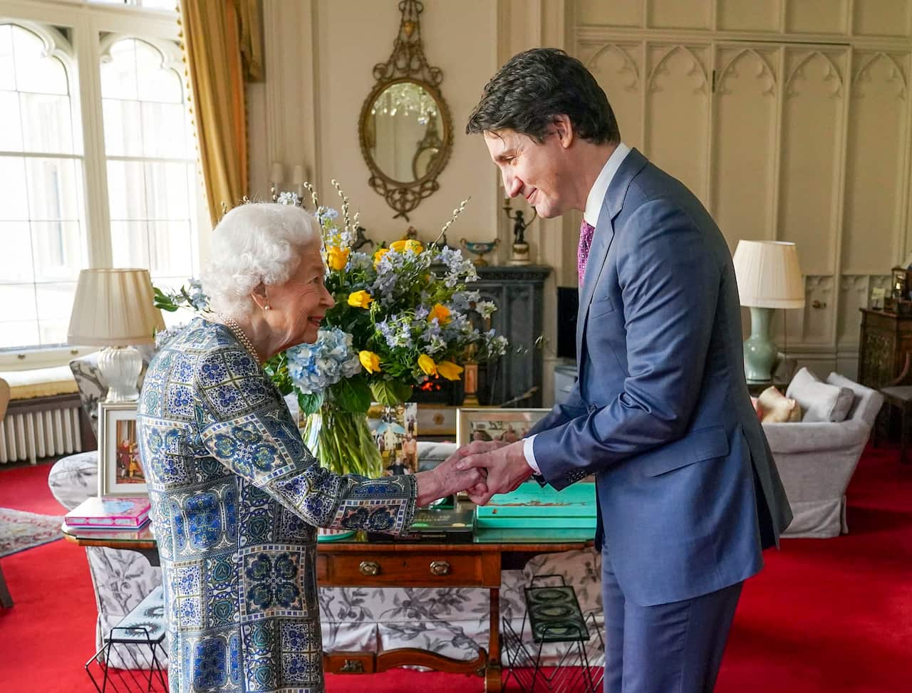 Queen Elizabeth II receives Canadian Prime Minister Justin Trudeau during an audience at Windsor Castle.