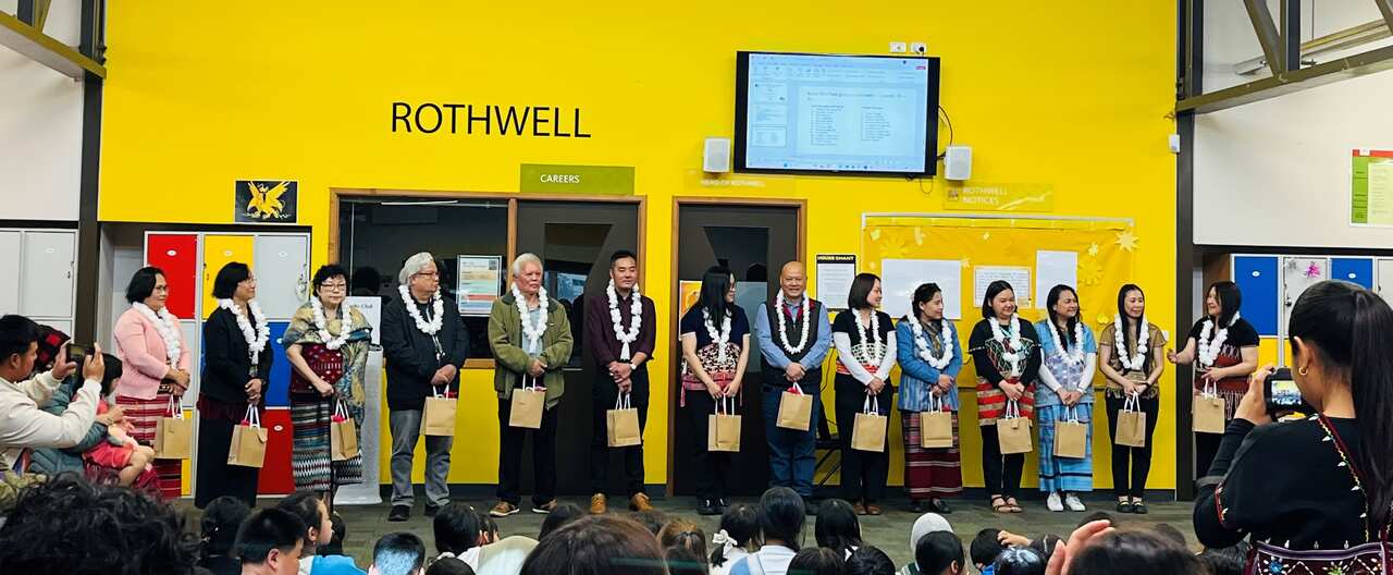 Year 12 students pay respect to their former and current school teachers. Photo: Shah Paung/ SBS Karen