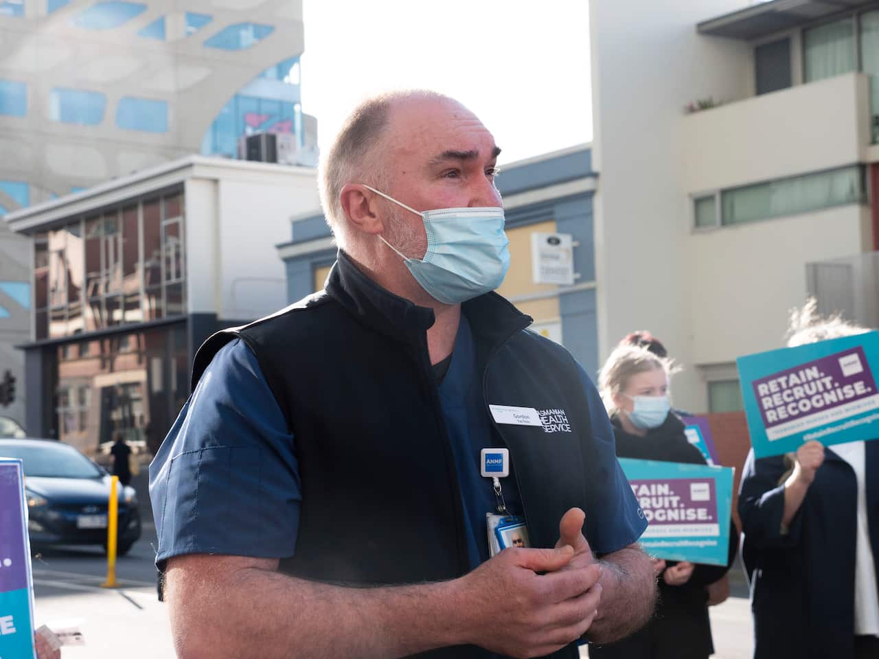 Registered Nurse Gordon attends a strike in Tasmania on 27 July