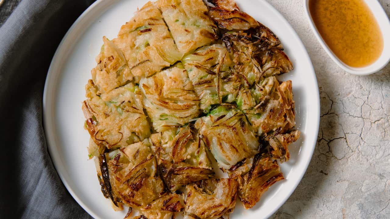 Salt and vinegar onion jeon (Korean fritter)