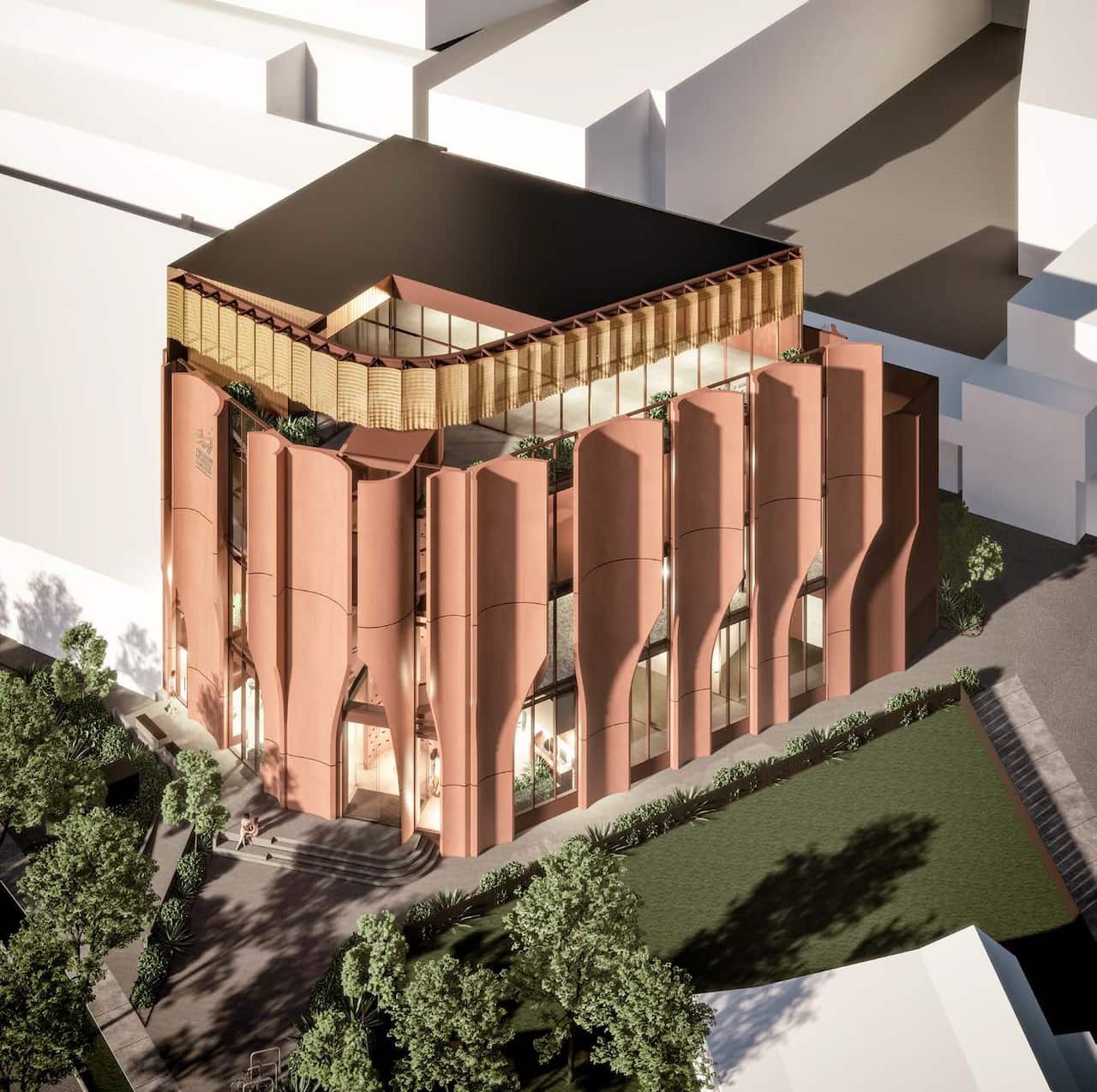 A render of a four-level museum featuring a bamboo-like facade 