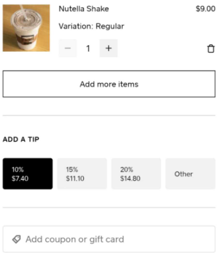 ผู้ใช้เรดดิท (Reddit) โพสต์ภาพหน้าจอของเมนูในแอปที่ตั้งค่าเลือกให้ทิป 10 เปอร์เซ็นต์โดยอัตโนมัติไว้แล้ว 
