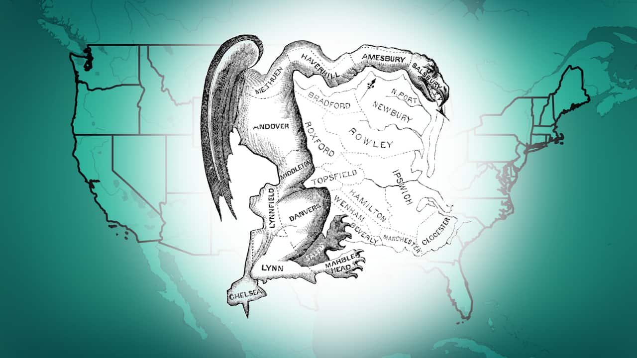 A cartoon representing gerrymandering against a map of the United States.