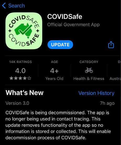The COVIDSafe app is seen in an application store. 