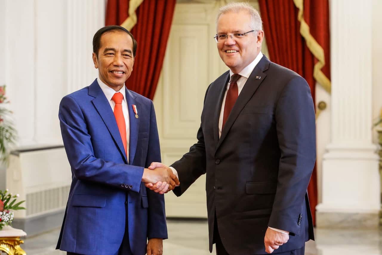 Joko Widodo (left) shakes hands with Scott Morrison (right) at the presidential palace in Jakarta, Indonesia