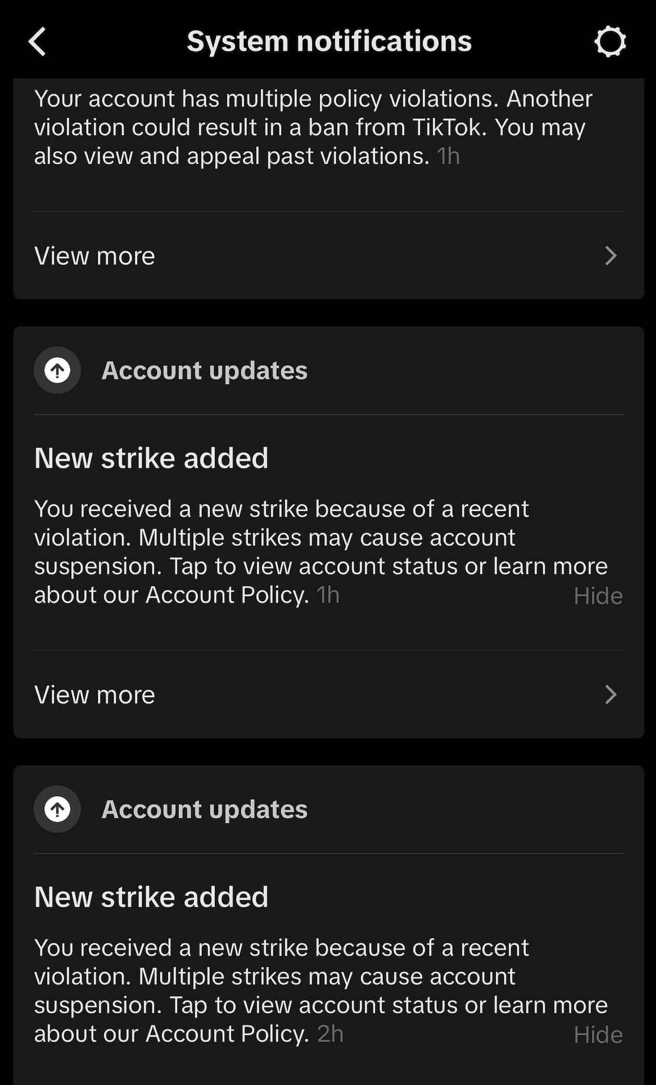 A screenshot of three notification messages on a phone. Two of them state "new strike added". 