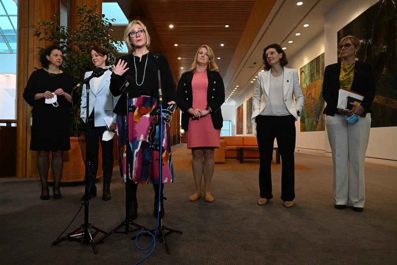 Independent MPs Monique Ryan, Sophie Scamps, Zali Steggall, Kylea Tink, Allegra Spender and Zoe Daniel standing inside