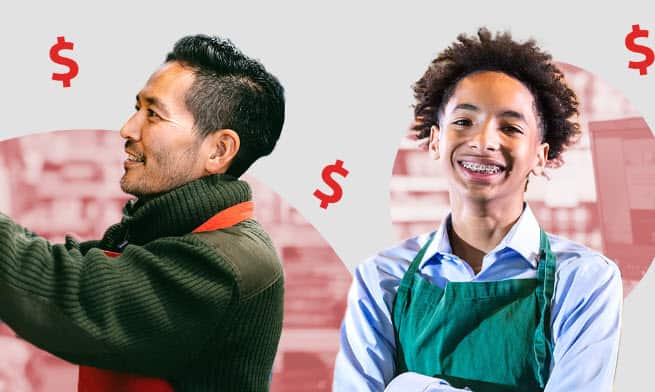 An older man and a teenager, with dollar signs around them. 