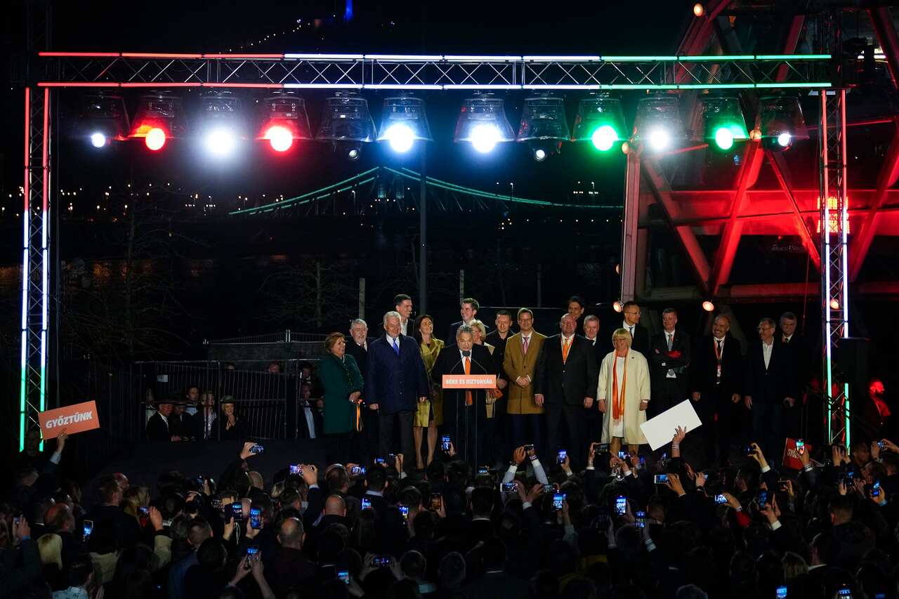 Hungary's Prime Minister Viktor Orban takes to the stage to deliver his victory speech in Budapest, Hungary.