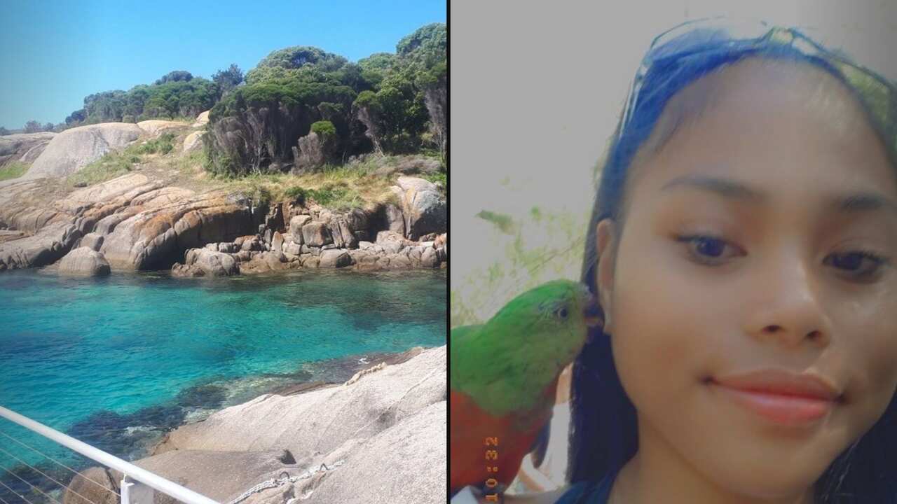 Composite image of a rockpool and a teenage girl with a bird on her shoulder.