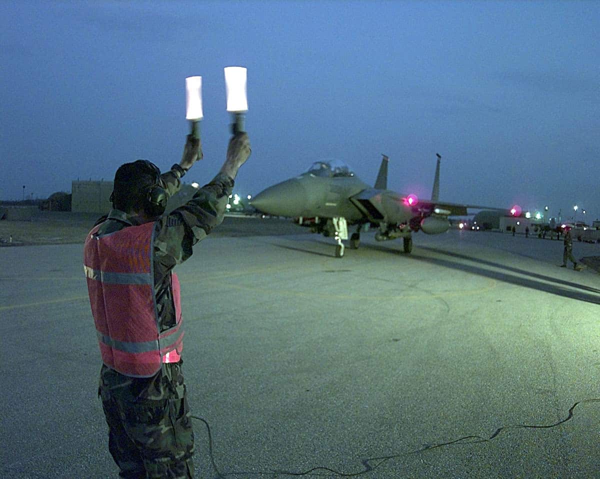 A USAF F-15E Strike Eagle on a mission against targets in Yugoslavia March 29, 1999. 