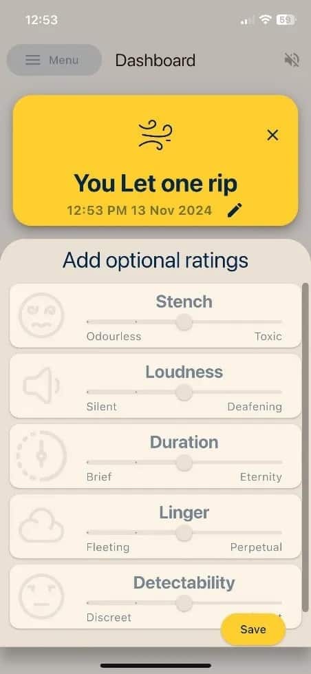 A screenshot of the Chart your Farts app.