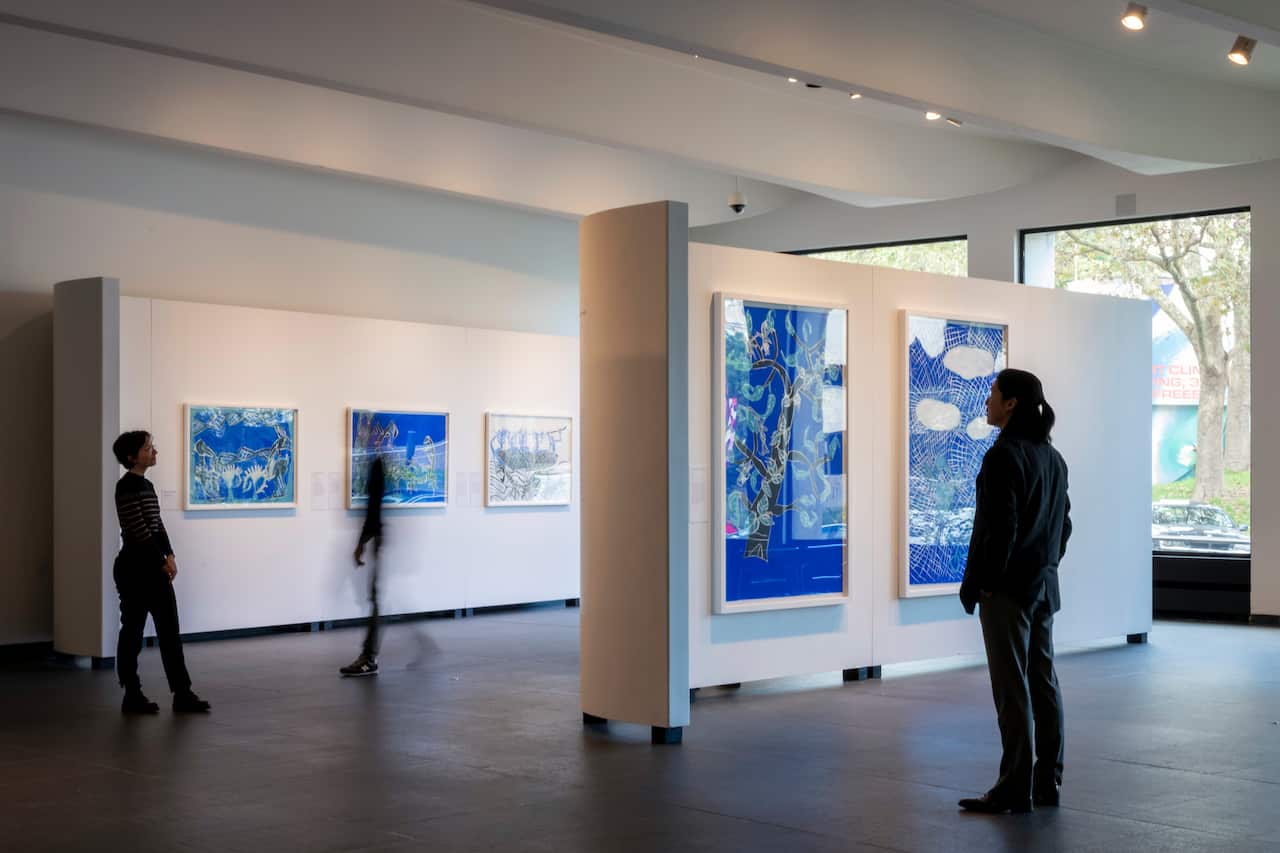 The Earth Is Blue exhibition by Dhambit Munungurr at the Australian Embassy in Paris.