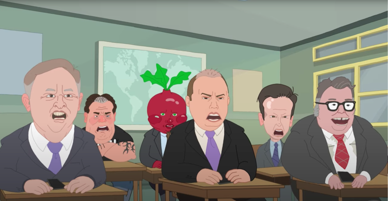 Cartoon characters sit in a classroom. 