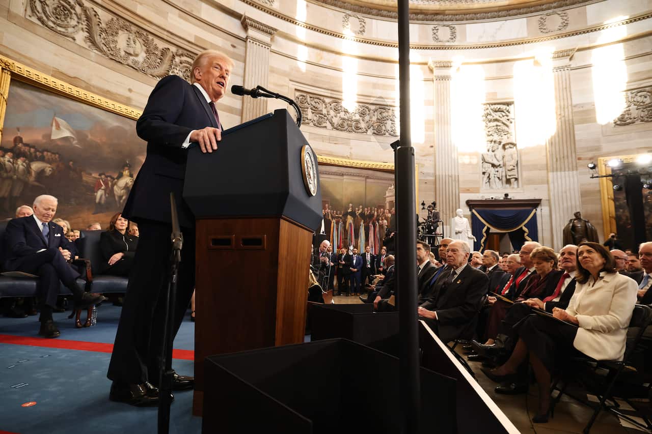 Donald Trump speaks during his inauguration ceremony in the Rotunda of the US Capitol.