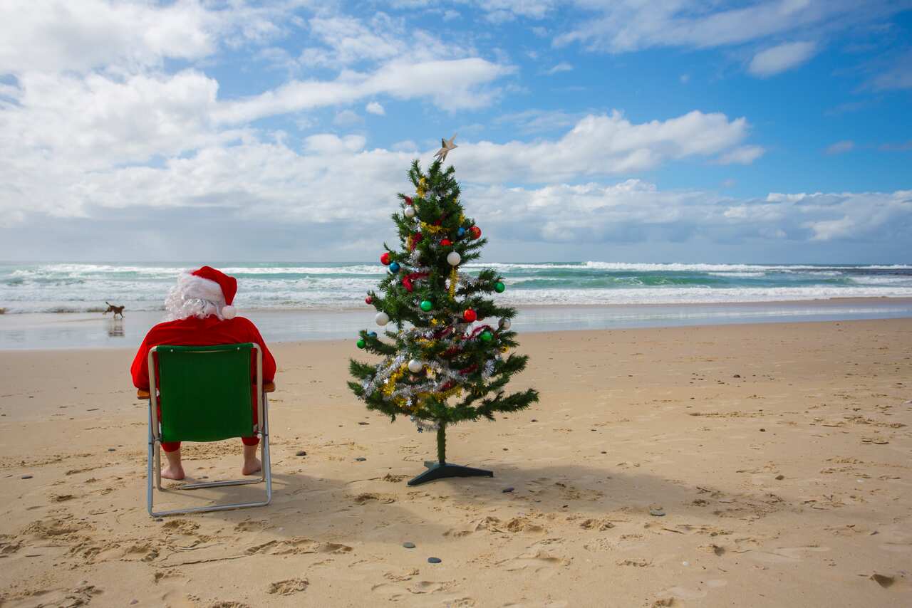 Santa Claus at the beach with a Christmas tree.