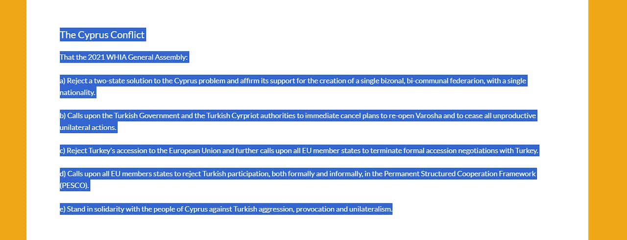The resolution on the Cyprus Conflict passed at the 13th General Assembly of the World Hellenic Inter-Parliamentary Association (PADEE-WHIA) held in Athens in July 2021
