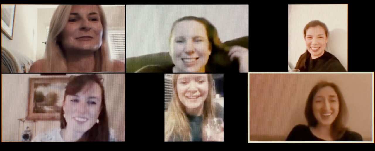 Six women chat on a video teleconferencing app.