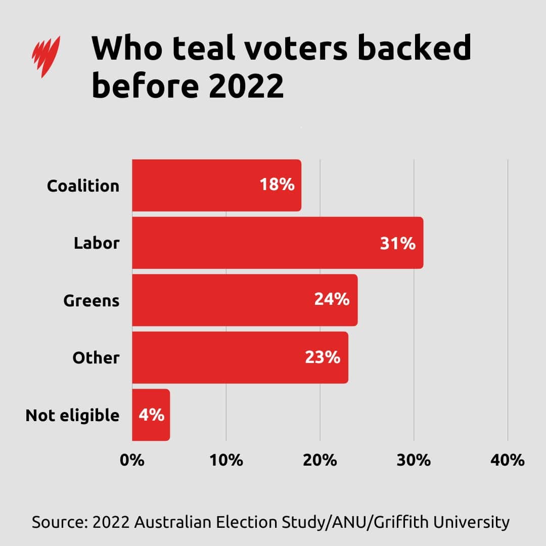 A bar graph showing who teal voters backed prior to 2022