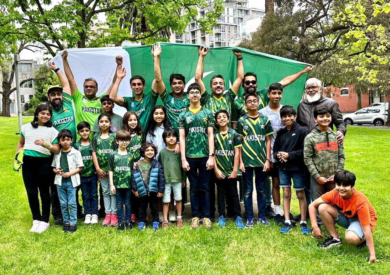 Pakistani fans and their families assembled in a park before going to MCG.