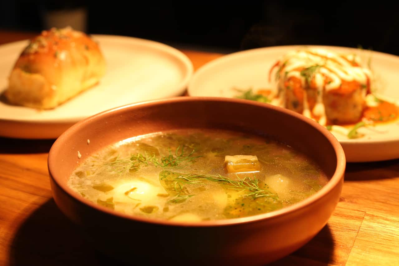 Green borscht with sorrel, dill and creme fraiche at Kyïv Social