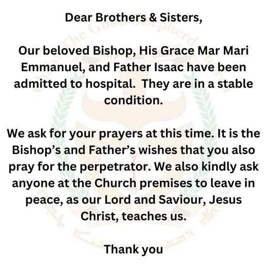 A screenshot of a message from a church updating people on the condition of the attacked bishop