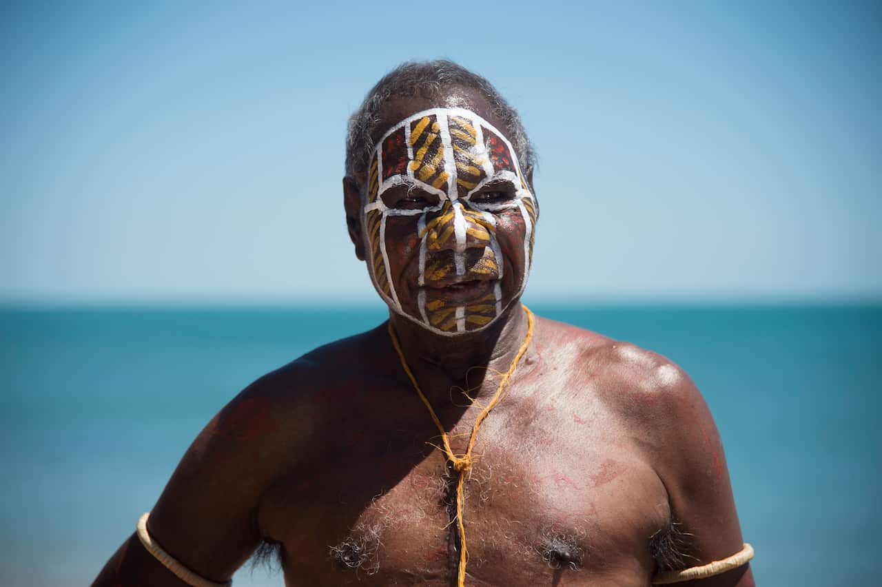 Tiwi Island Regional Council Mayor Pirrawayingi Puruntatameri poses for a portrait after giving evidence to the court at Pitjamirra on Melville Island, Northern Territory.