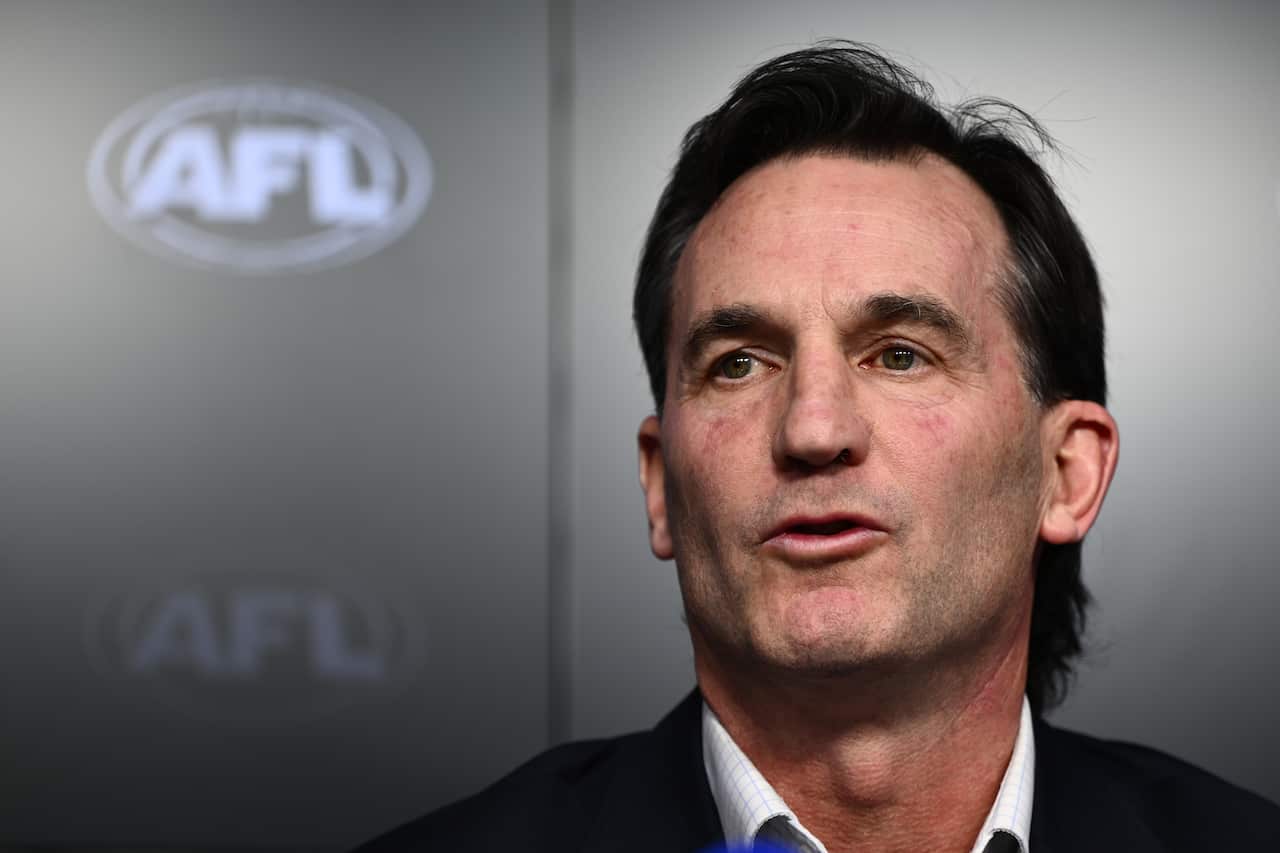 AFL CEO Andrew Dillon speaks to media at Marvel Stadium, in Melbourne