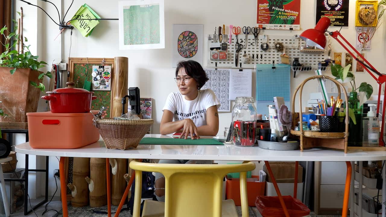 A woman sitting at a large desk with many colourful items, inside a cannabis shop.