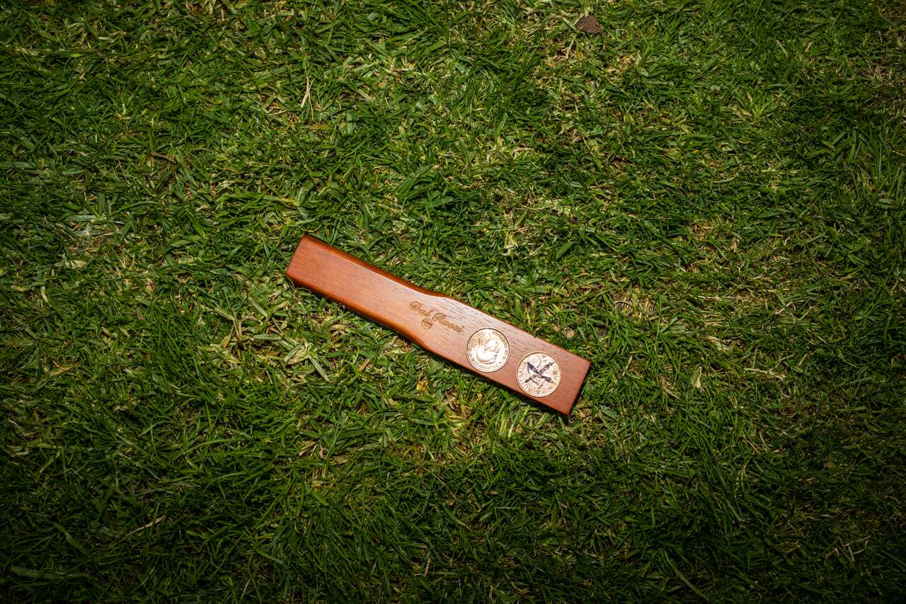 An image of wooden paddle with two coins inserted