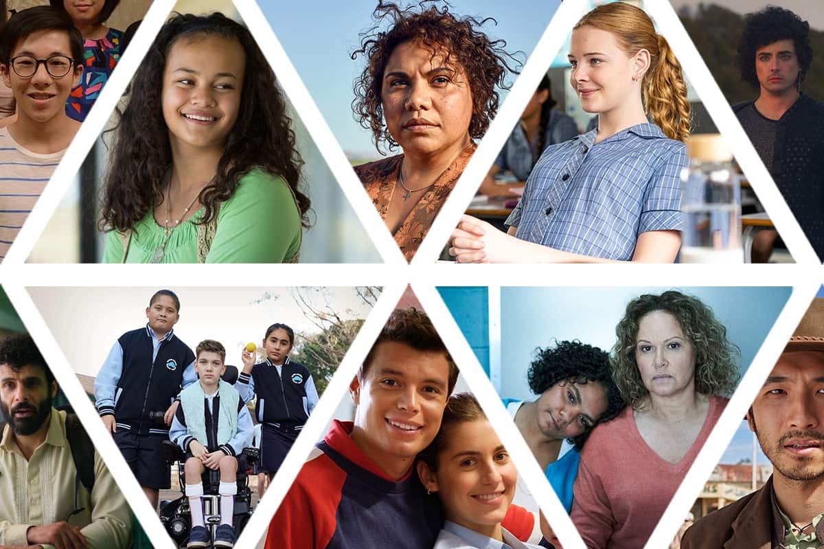 Actors from diverse backgrounds and various Australian TV shows are depicted in triangle squares.