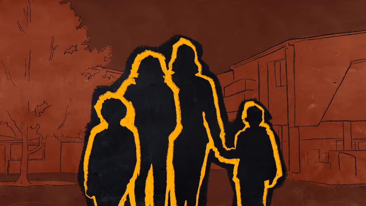 A stylised cartoon image shows the silhouettes of two adults and two children standing in front of a school.