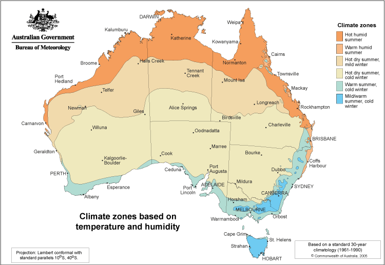 Australian climate zones based on temperature and humidity - credit BOM.png