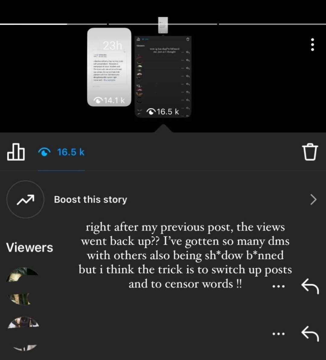 A screenshot showing a person's Instagram story with 14.1k views and another with 16.5k views. 