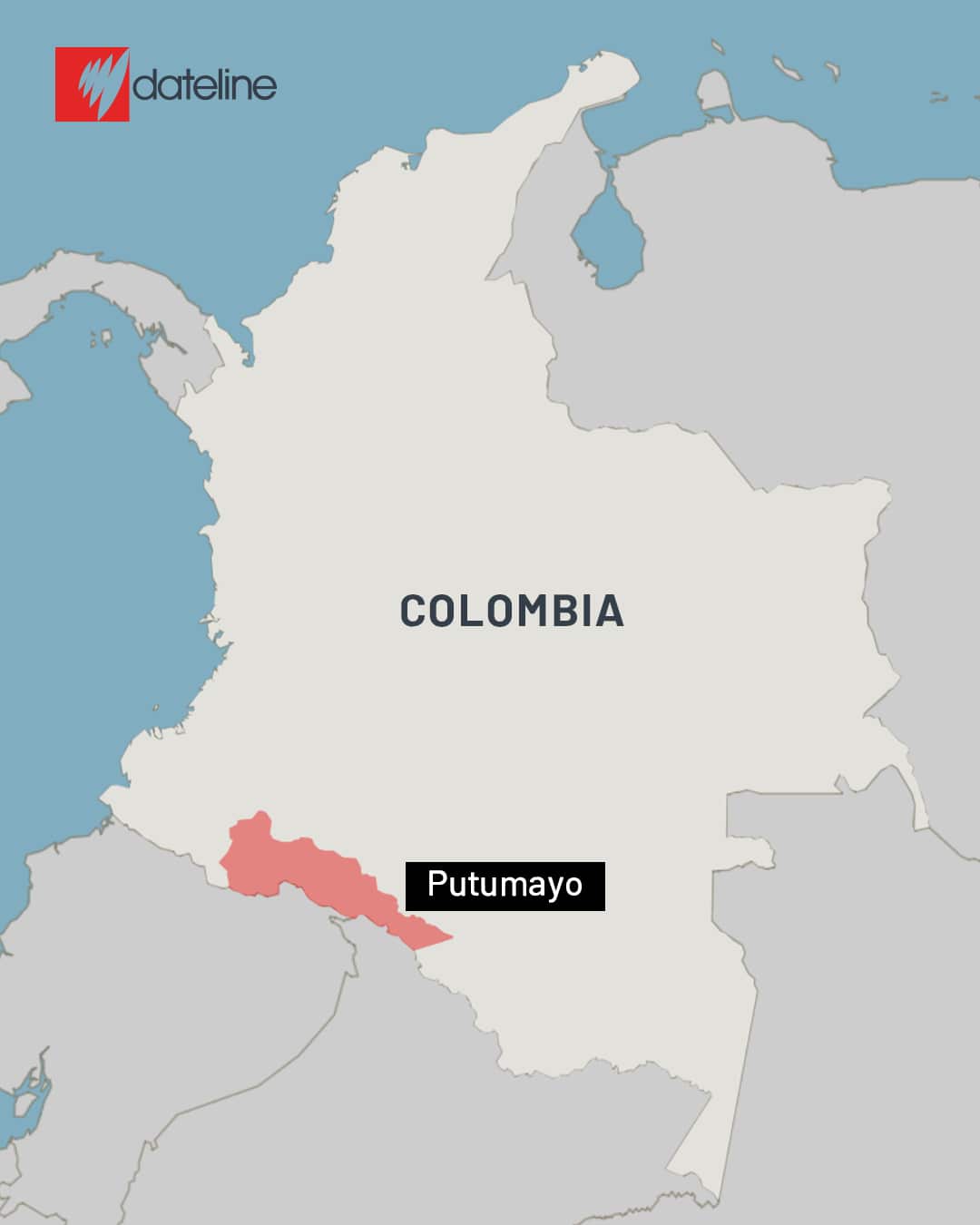 A map of Colombia with the Putumayo region, which is in the southwest, highlighted in red.
