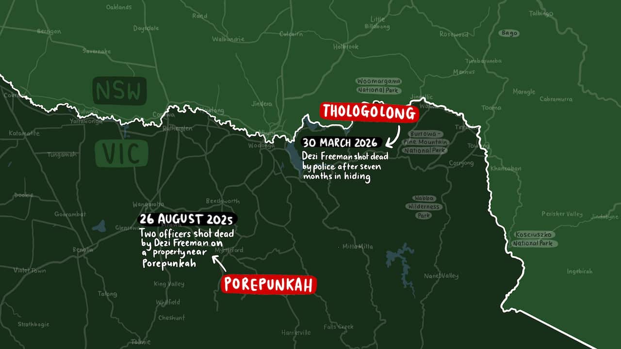 A map of the New South Wales and Victoria border traces the seven-month flight of Dezi Freeman, from the fatal shooting of two police officers in Porepunkah on August 26, 2025, to his death in a police shooting in Thologolong on March 30, 2026.