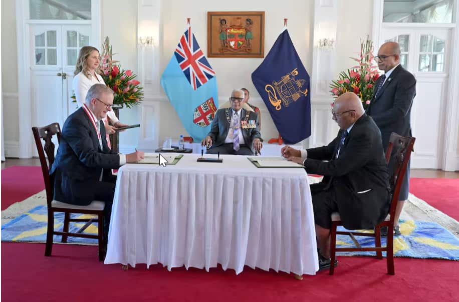 Anthony Albanese and Fiji’s Prime Minister Sitiveni Rabuka signed the new agreements on Monday..png