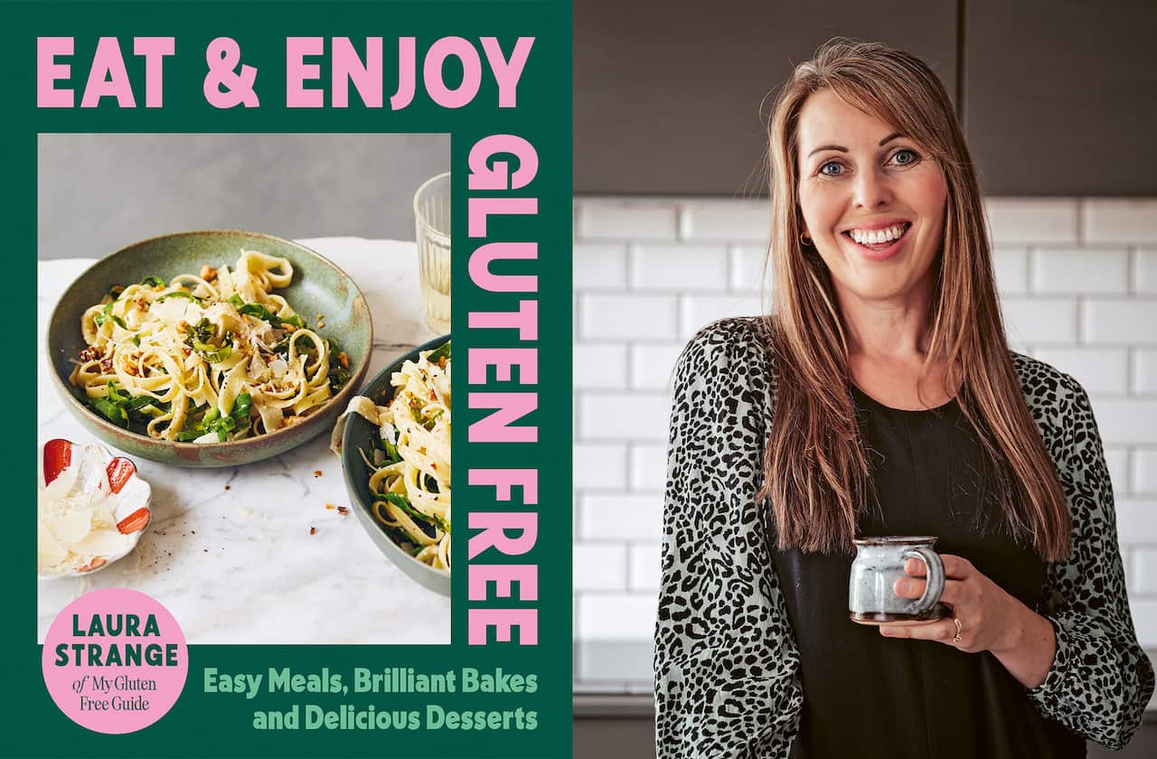 Dual image shows a book cover on the left, and a picture of a smiling woman holding a mug on the right. 