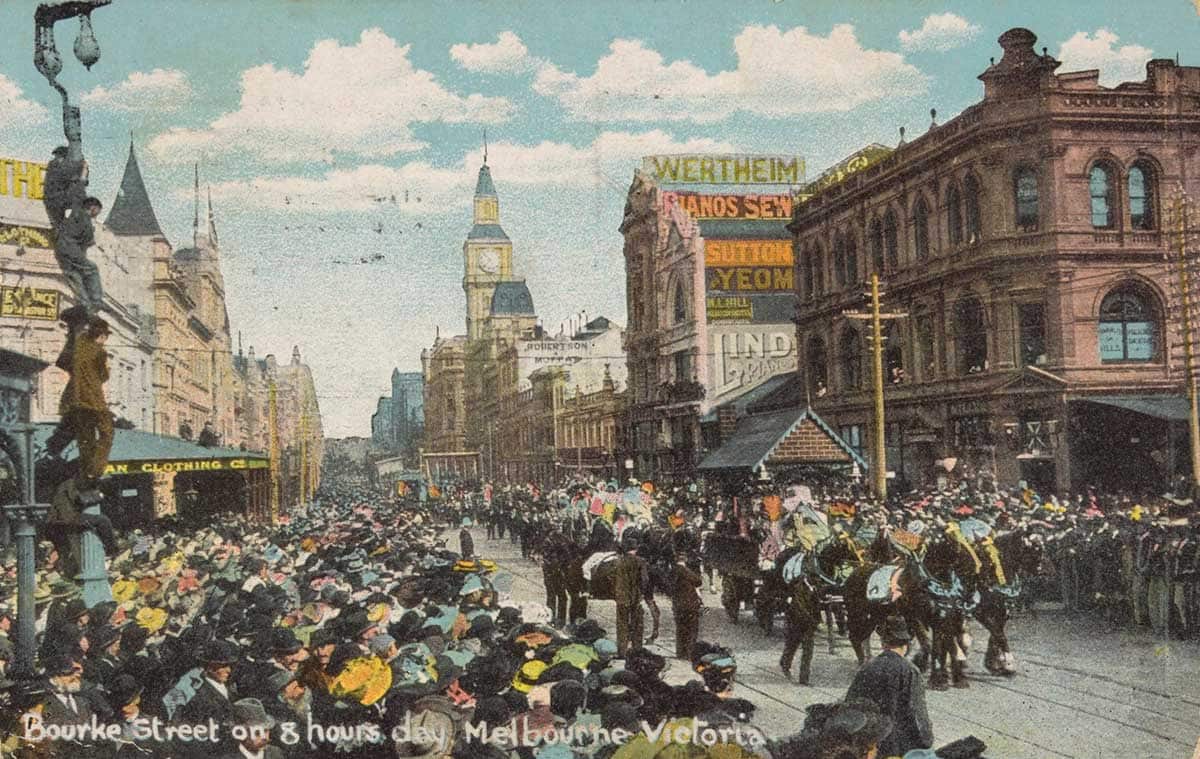 An eight-hour day parade in Bourke Street, Melbourne, 1907. State Library of Victoria.jpg