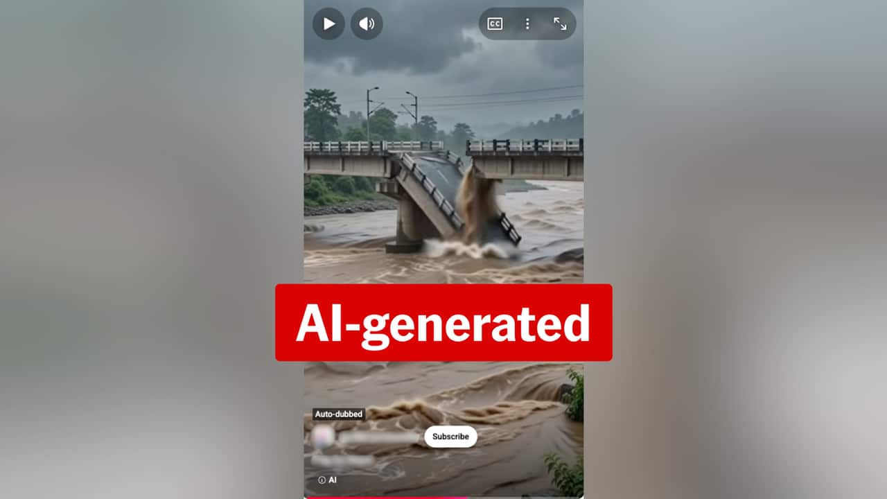 Screenshot of a AI-generated video showing a bridge collapsing amongst flood waters