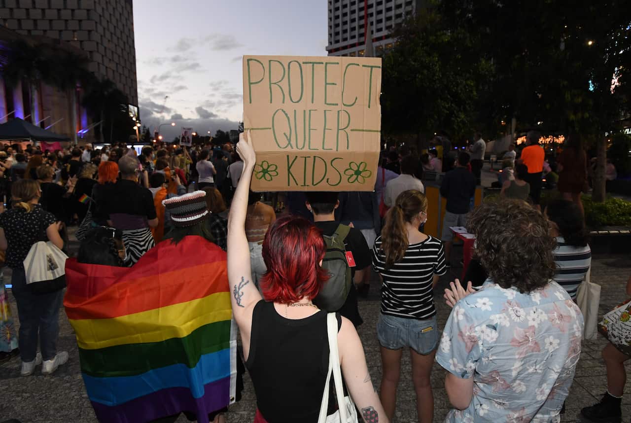 upporters and members of the LGBTIQ+ community are seen protesting against Citipointe Christian College during a rally in King George Square in Brisbane