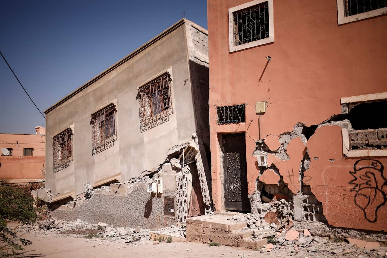 Damaged buildings following a powerful earthquake.
