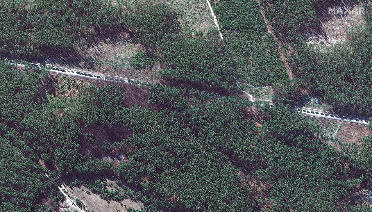 This satellite image provided by Maxar Technologies shows military convoy southeast of Invankiv on 28 February 2022.  