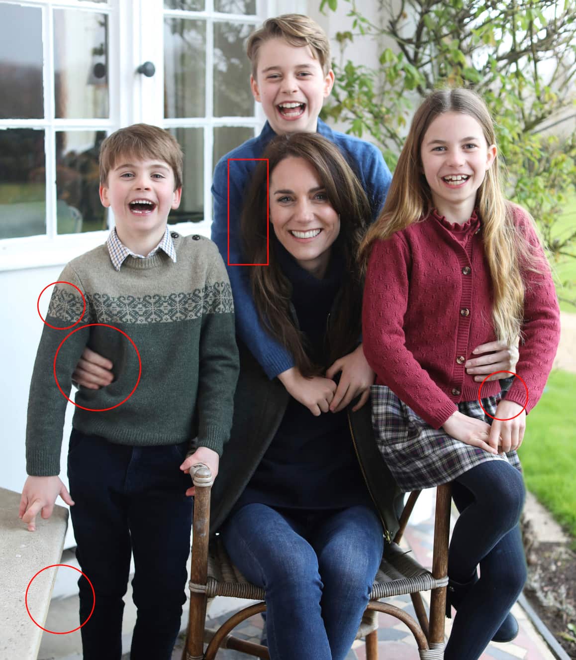 Princess Catherine surrounded by her three children, with five parts of the photo highlighted.