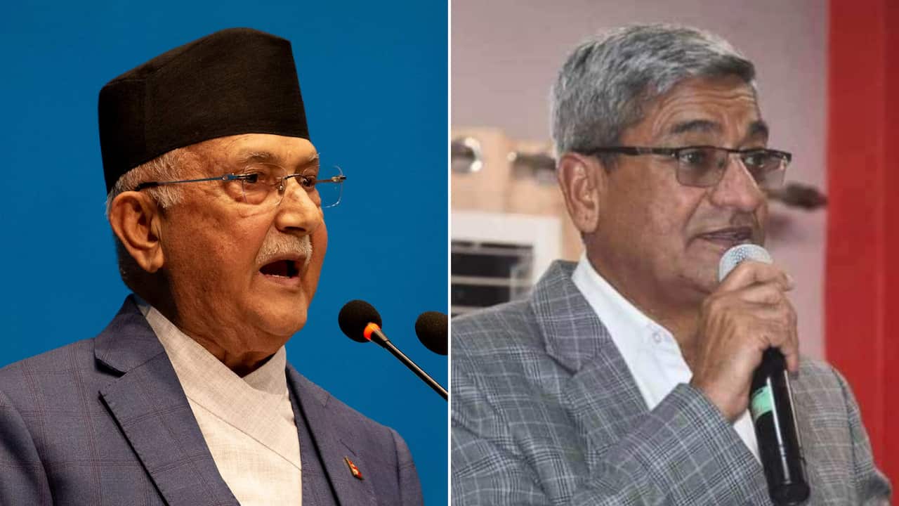 FILE PHOTO: Nepal's former Prime Minister KP Sharma Oli (L) and former Home Minister Ramesh Lekhak (R).