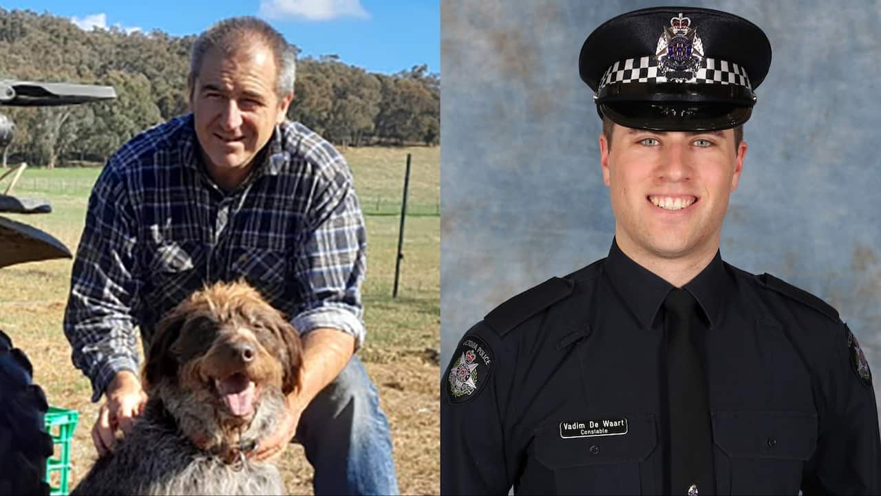 A composite image, one of an older man outside with a dog, and another of a younger man wearing a police uniform.